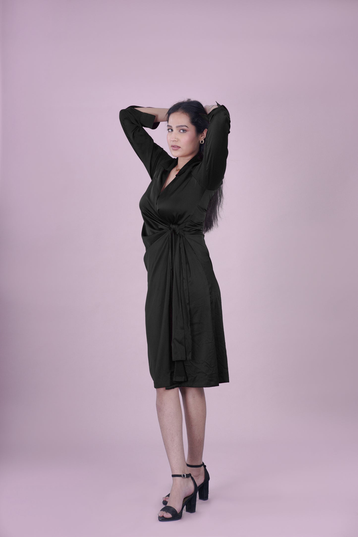 Black Midi Wrap Dress for Women – Satin Formal Office Wear