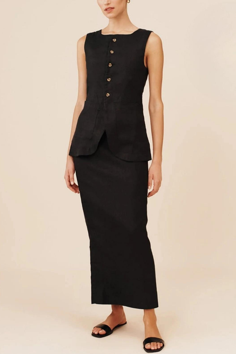 Black Linen Co-ord Set for Women – Formal Waistcoat & Skirt