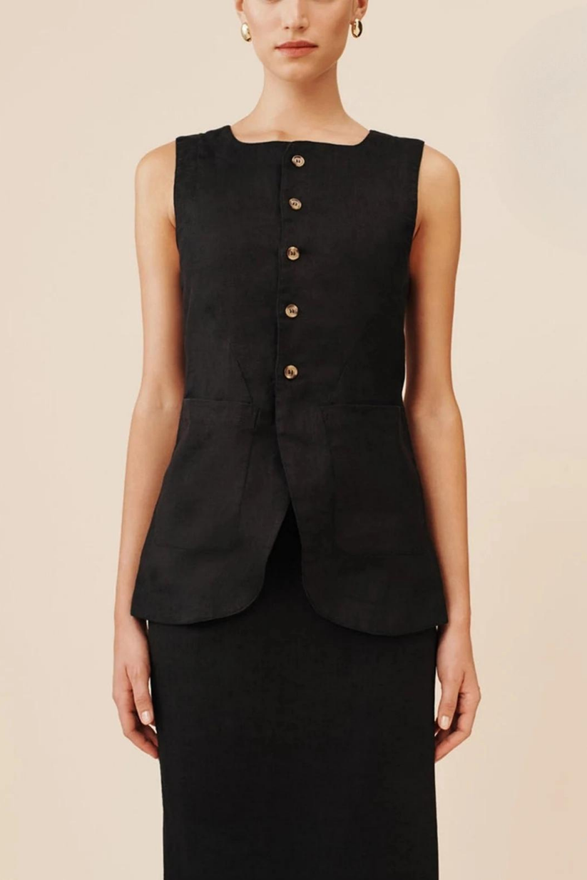 Black Linen Square Neck Waistcoat