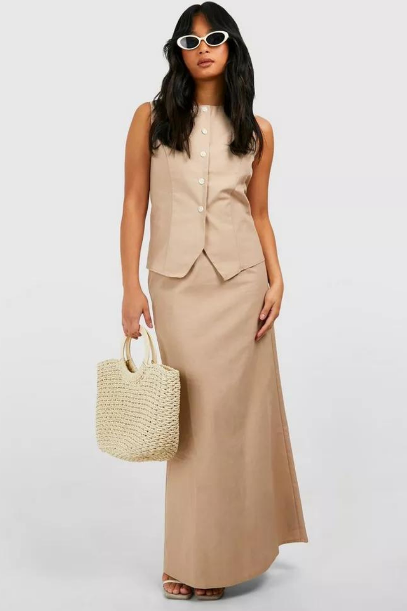 Beige Linen Round Neck Waistcoat