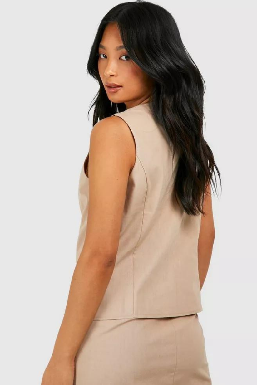 Beige Linen Round Neck Waistcoat