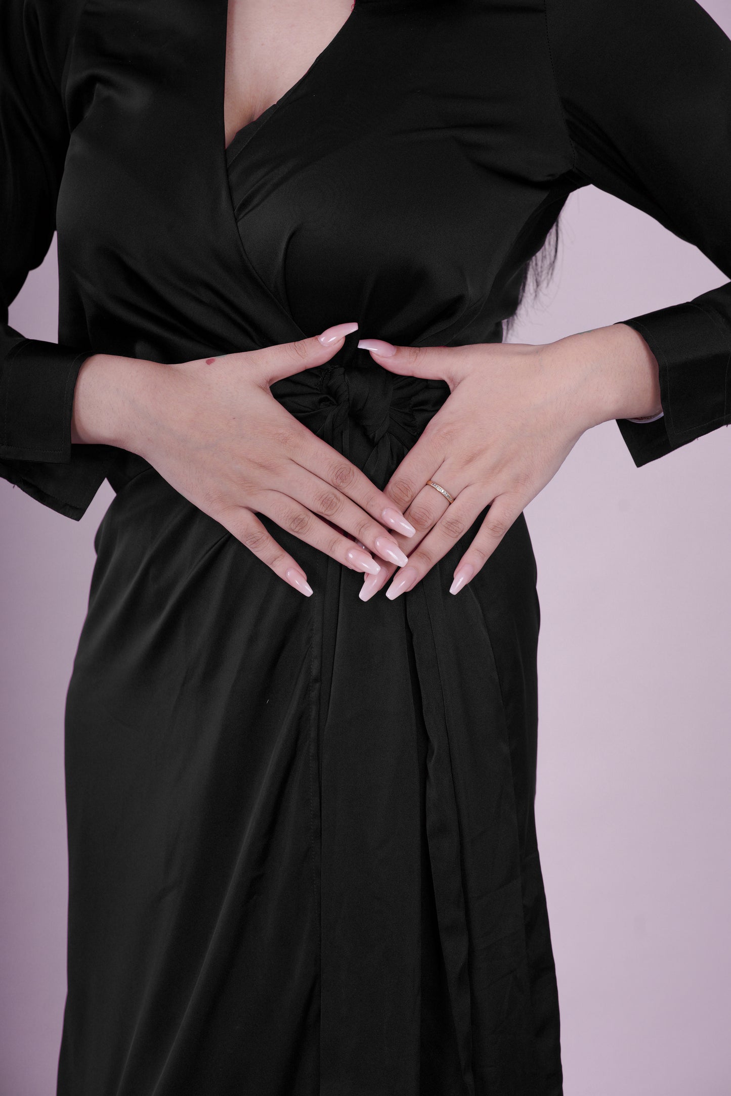 Black Midi Wrap Dress for Women – Satin Formal Office Wear