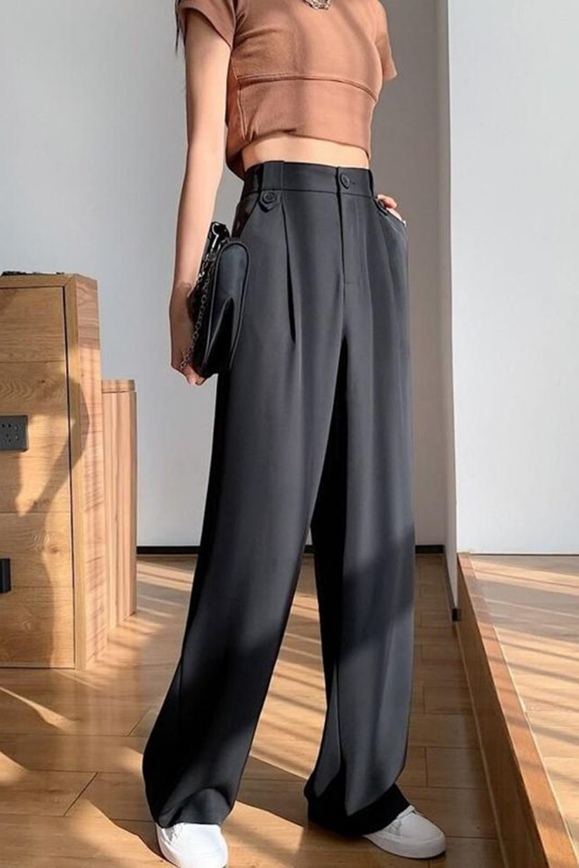Black Tailored Trousers – Wide Leg Pleated Pants for Women