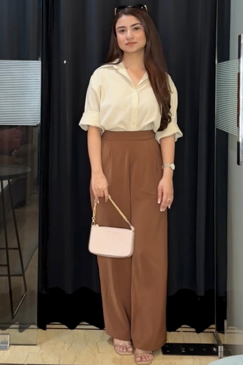 Brown Wide Leg Pleated Pants for Women – Formal High Waisted Trousers