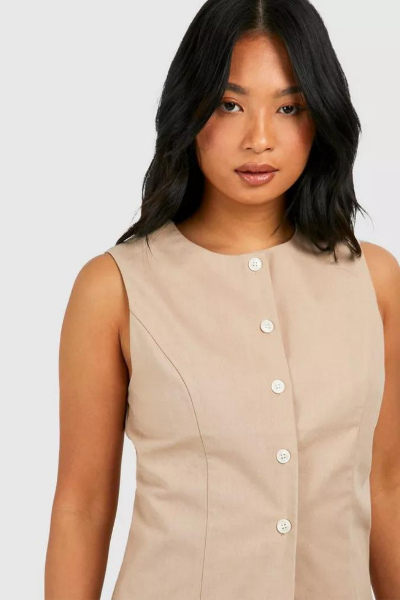 Beige Linen Round Neck Waistcoat