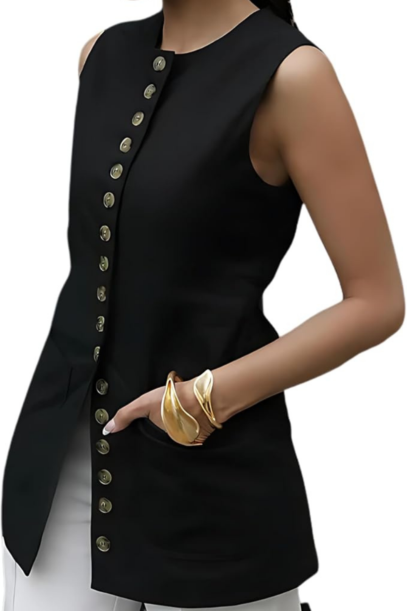 Black Long Waistcoat for Women – Linen Sleeveless Formal Layering Vest