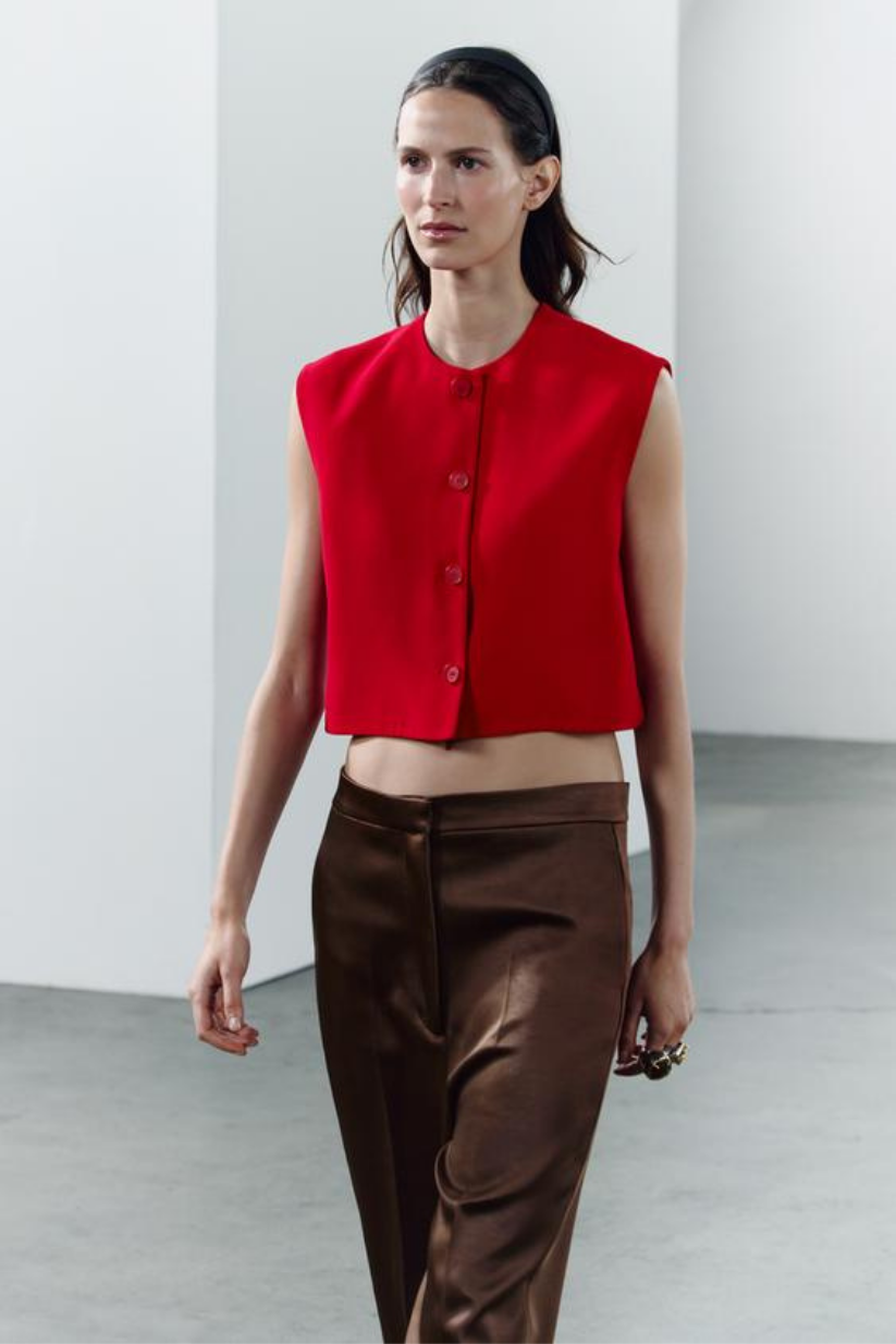 Red Round Neck Waistcoat for Women – Formal Sleeveless Office Wear