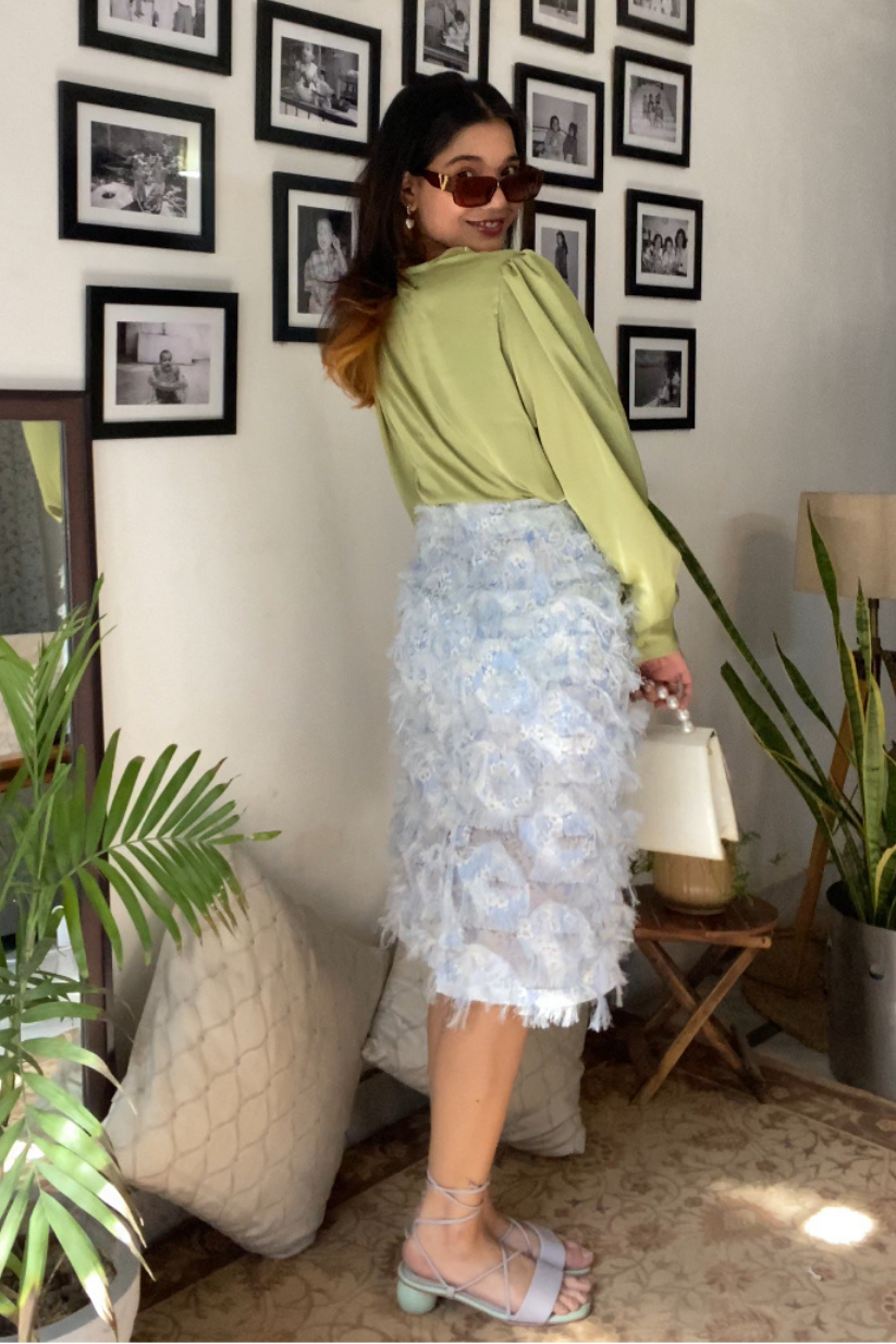 Green Overlap Satin V-Neck Blouse