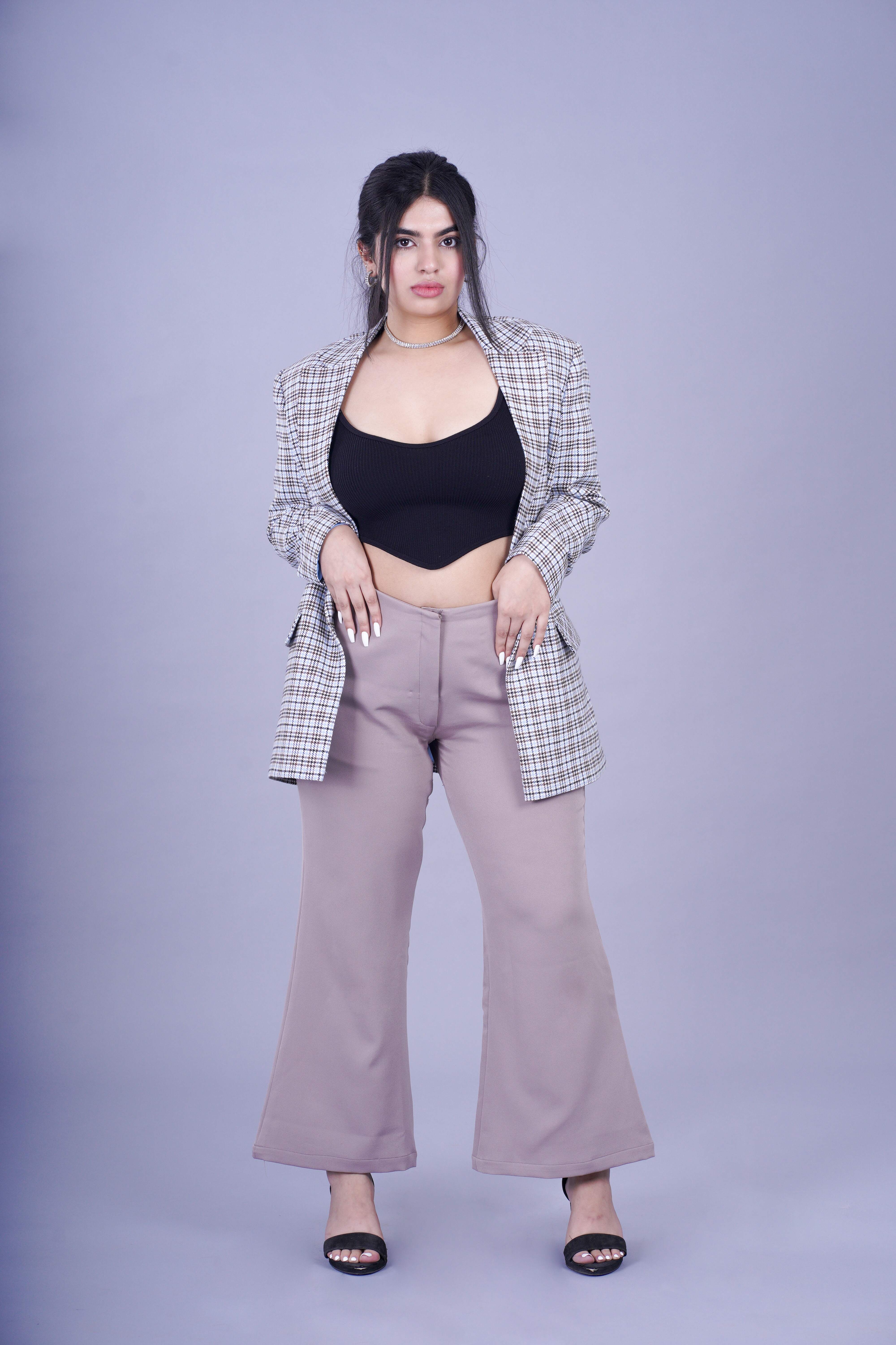 Light Grey Jazz Flared Pants for Women – Formal High Waist Trousers