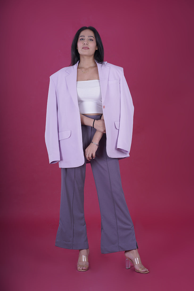 Co-ord Set - Oversized Statement Blazer & High Rise Pleated Side Slit Trousers - Crafted with high-quality materials, our Oversized Statement Blazer ensures both comfort and edgy style. Crafted with comfort and contemporary fashion in mind, the High Rise Pleated Side Slit Trousers offer a sleek and tailored fit that complements various occasions.