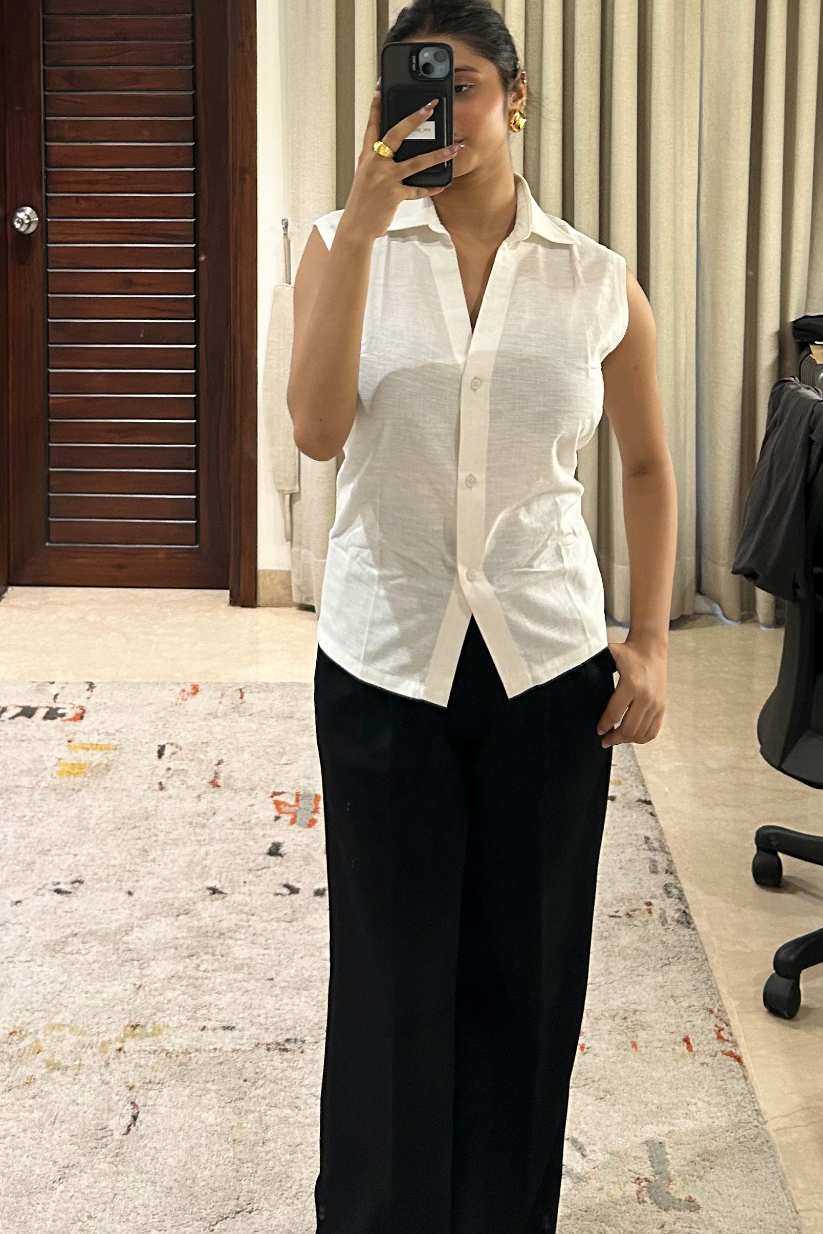 White Sleeveless Linen Shirt