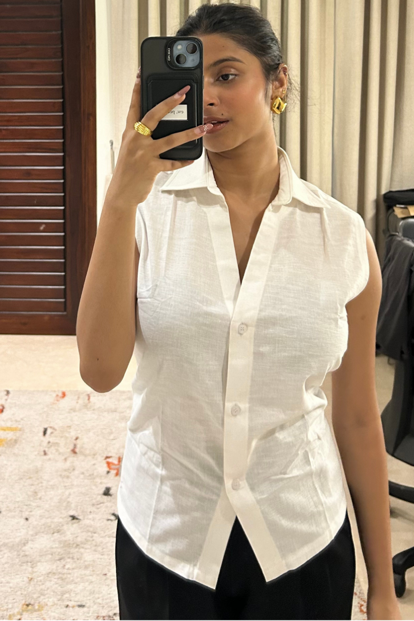 White Sleeveless Linen Shirt