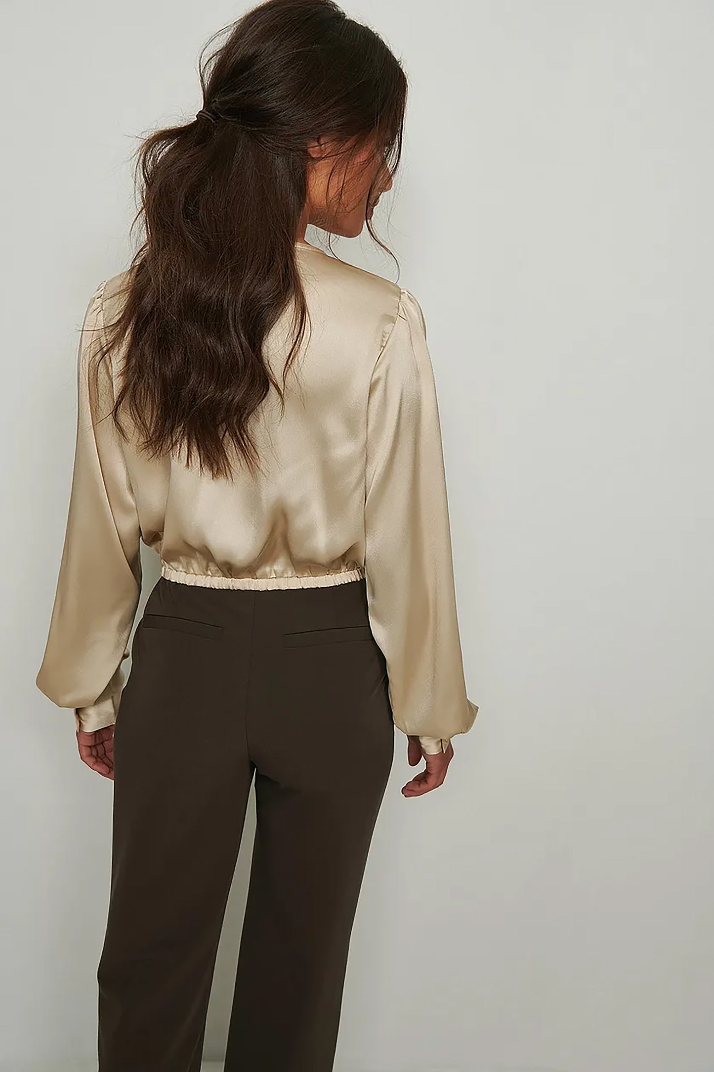 Cream Overlap Satin V-Neck Blouse
