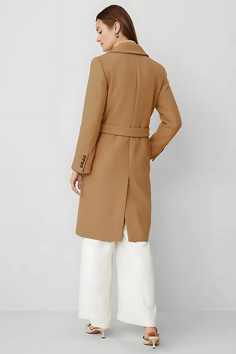 Beige Belted Tie Overcoat for Women – Formal Long Coat