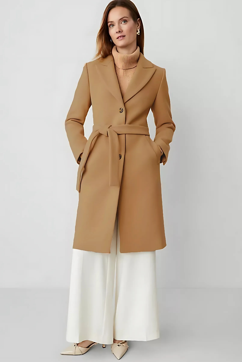 Beige Belted Tie Overcoat for Women – Formal Long Coat