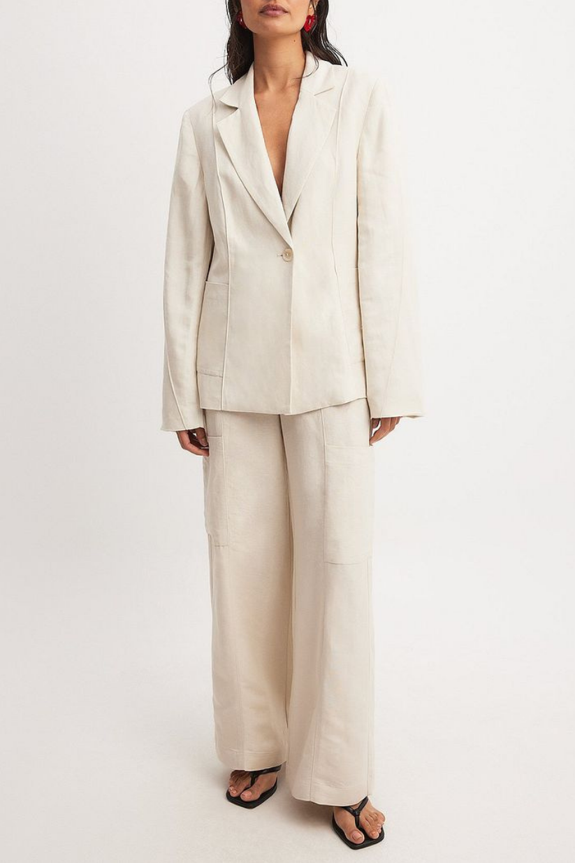 Beige Linen Co-ord Set – Single Button Blazer & Straight-Fit Pants