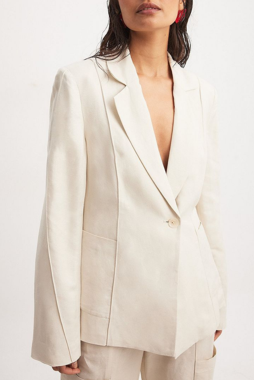 Beige Linen Co-ord Set – Single Button Blazer & Straight-Fit Pants