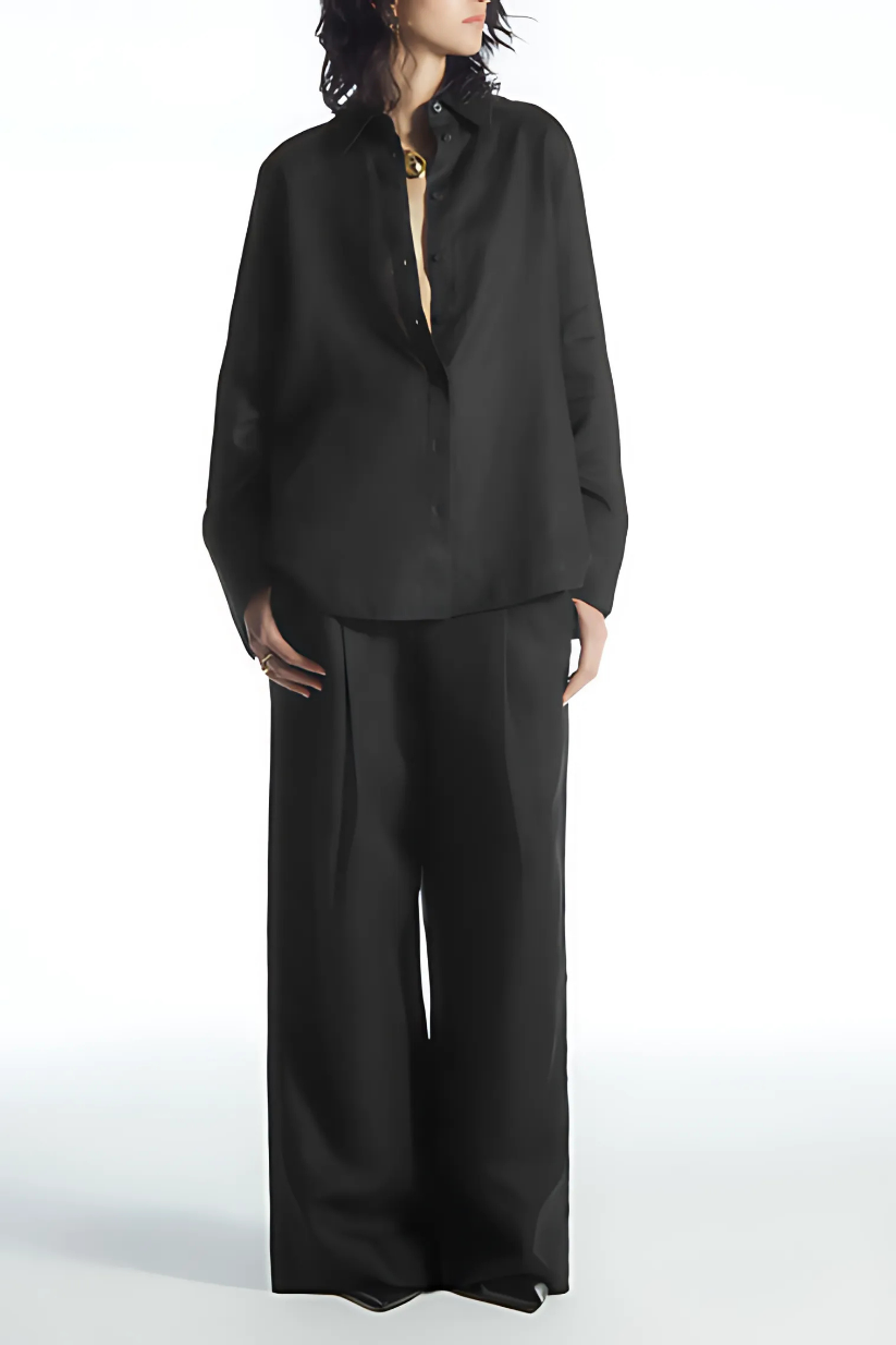 Black Linen Co-ord Set – Wide-Sleeve Shirt & Wide-Leg Pants