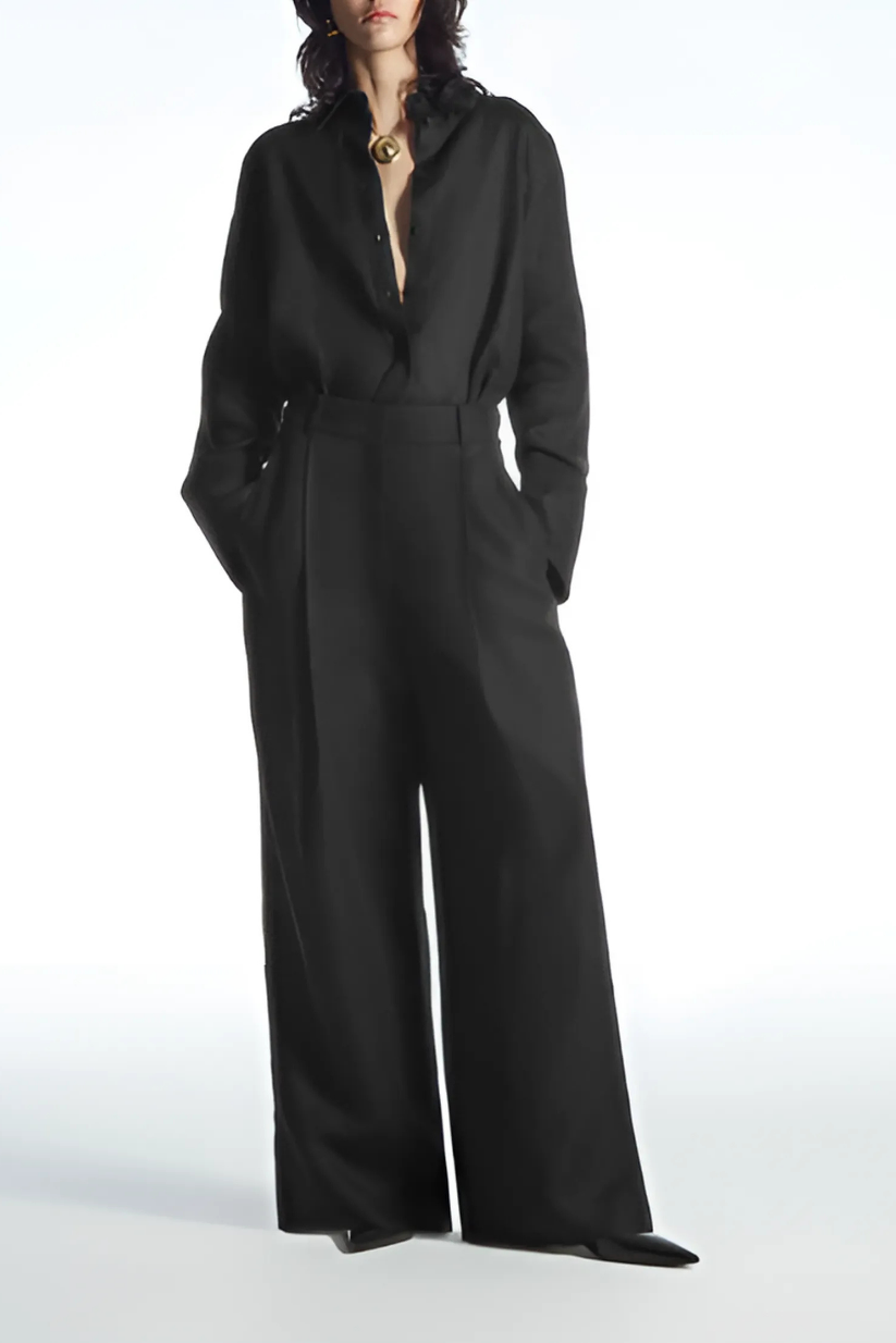 Black Linen Co-ord Set – Wide-Sleeve Shirt & Wide-Leg Pants