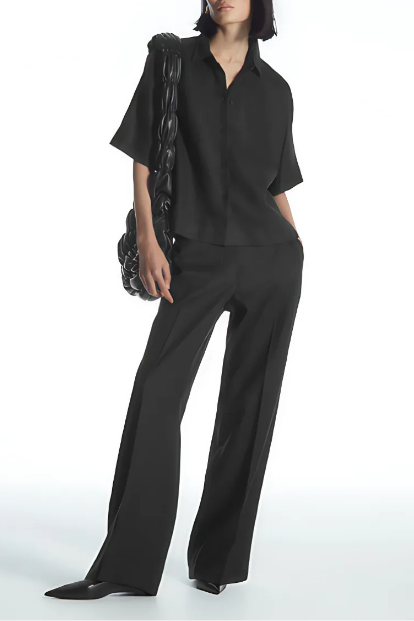 Black Linen Co-ord Set Women – Half-Sleeve Shirt & Straight-Leg Pants
