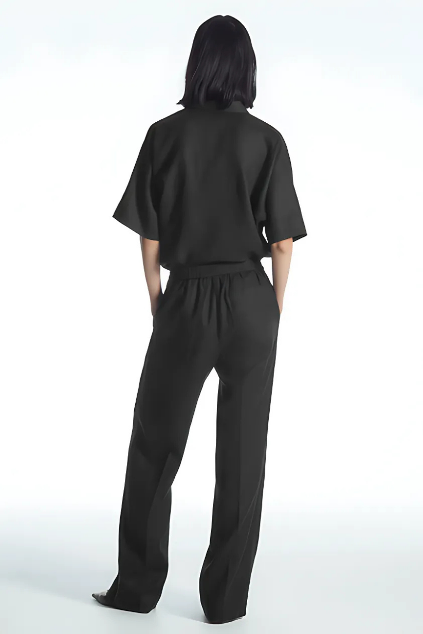 Black Linen Co-ord Set Women – Half-Sleeve Shirt & Straight-Leg Pants
