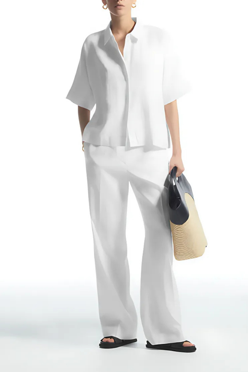 White Linen Co-ord Set – Half-Sleeve Shirt & Straight-Leg Pants