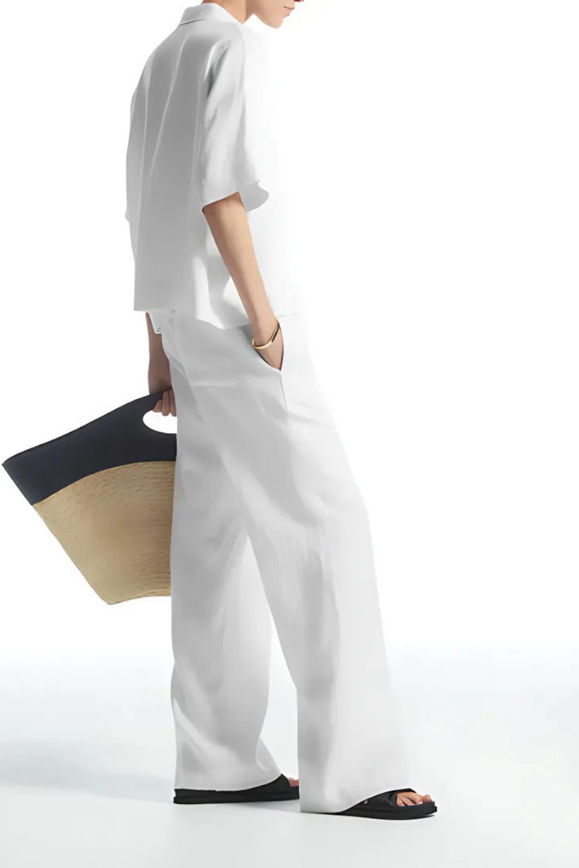 White Linen Co-ord Set – Half-Sleeve Shirt & Straight-Leg Pants