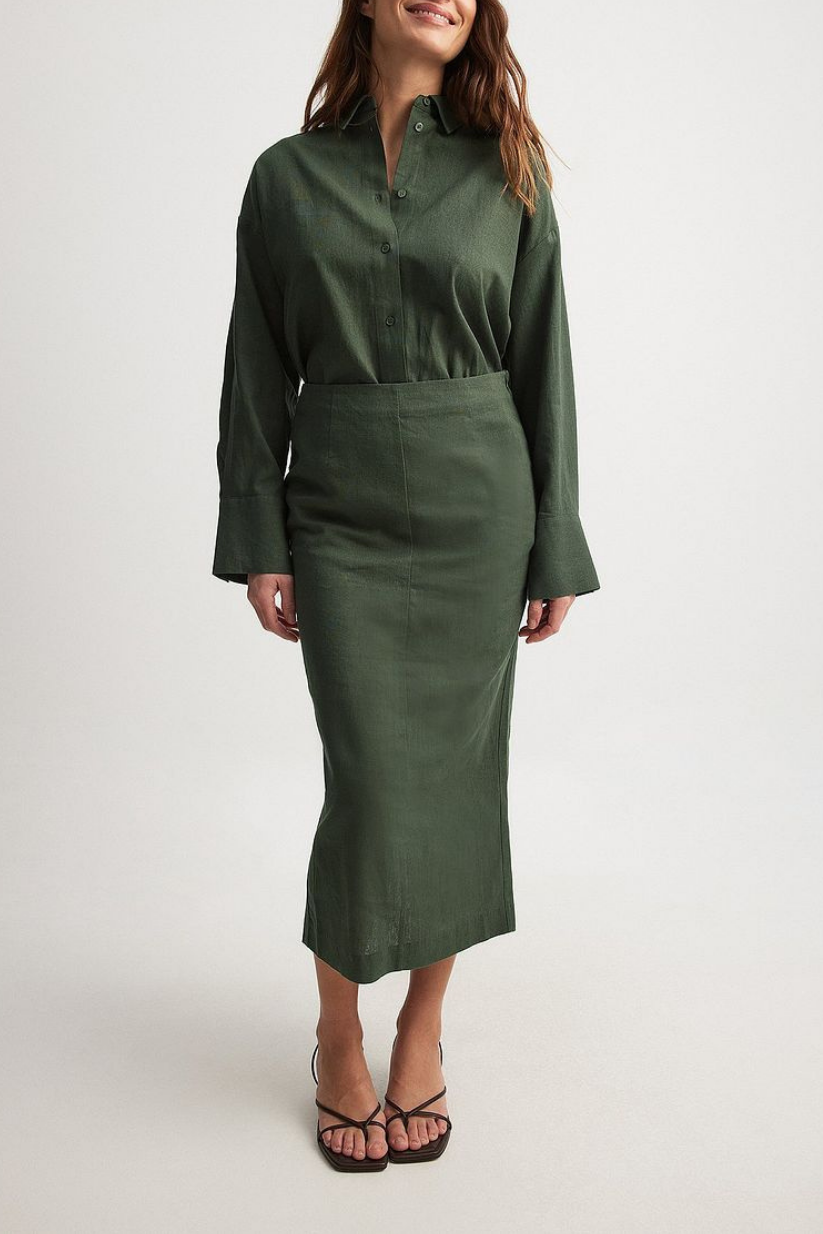 Green Linen Co-ord Set for Women – Oversized Shirt & Pencil Skirt