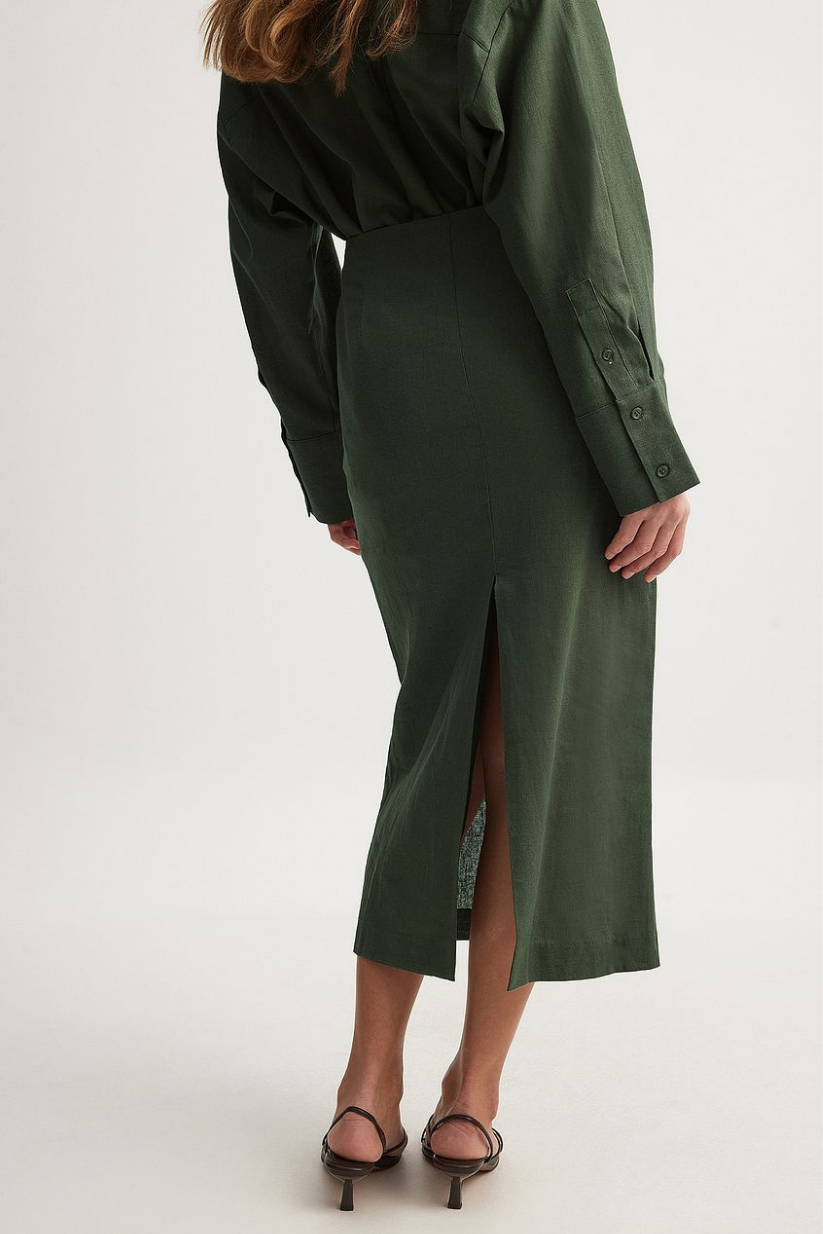 Green Linen Co-ord Set for Women – Oversized Shirt & Pencil Skirt