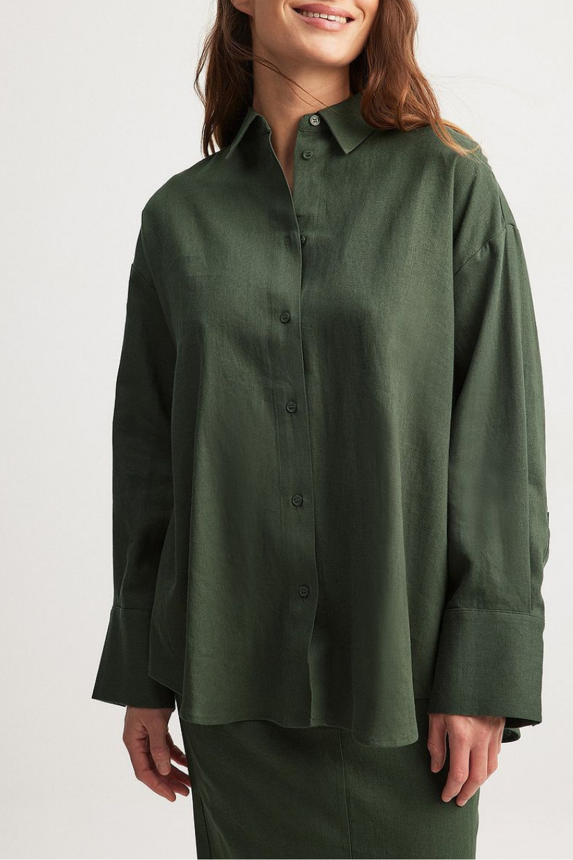 Green Linen Co-ord Set for Women – Oversized Shirt & Pencil Skirt