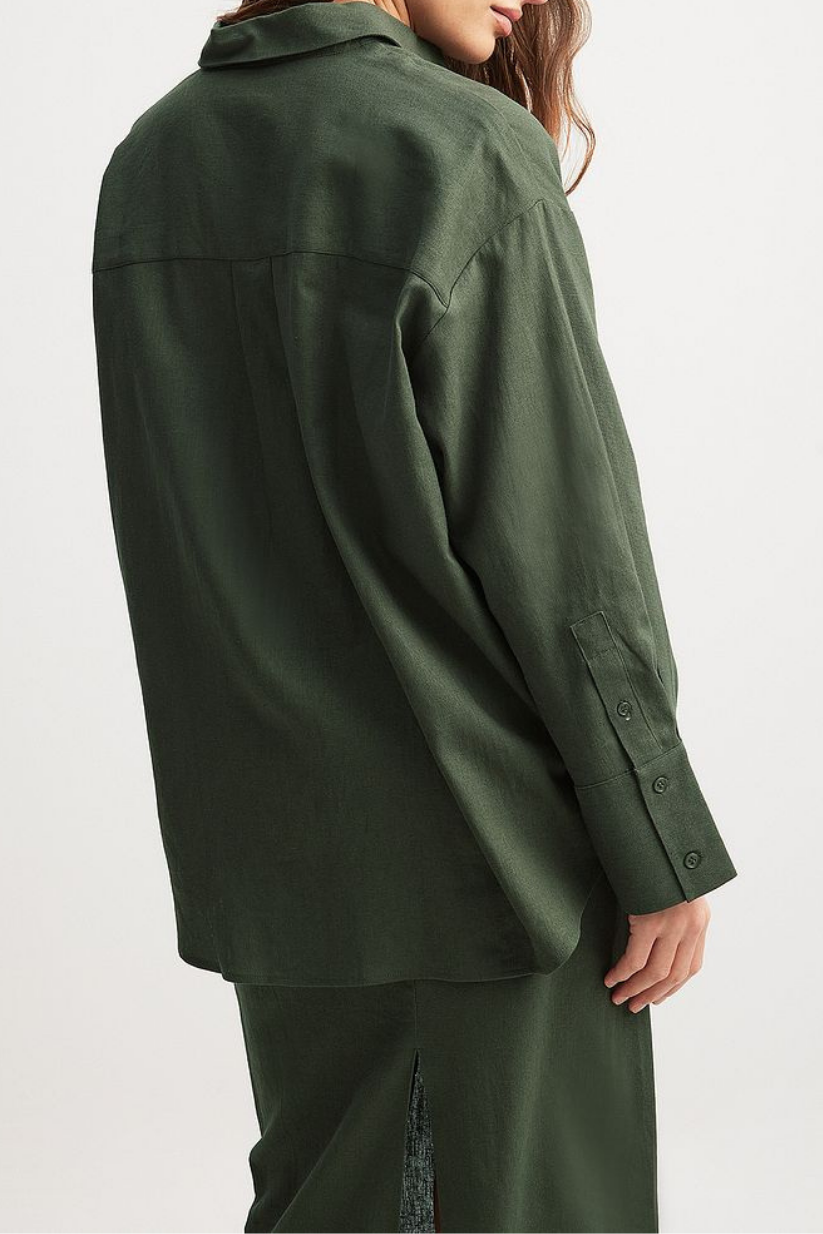 Green Linen Co-ord Set for Women – Oversized Shirt & Pencil Skirt