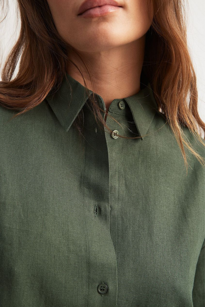 Green Linen Co-ord Set for Women – Oversized Shirt & Pencil Skirt
