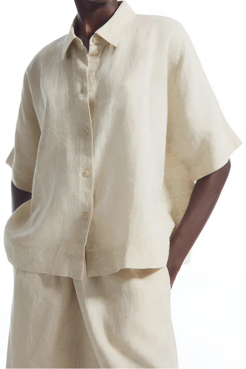 Cream Linen Shirt for Women – Half-Sleeve Lightweight Workwear