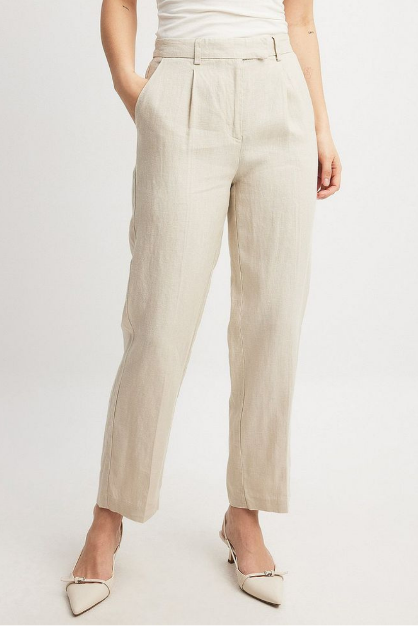 Beige Linen Cropped Pants