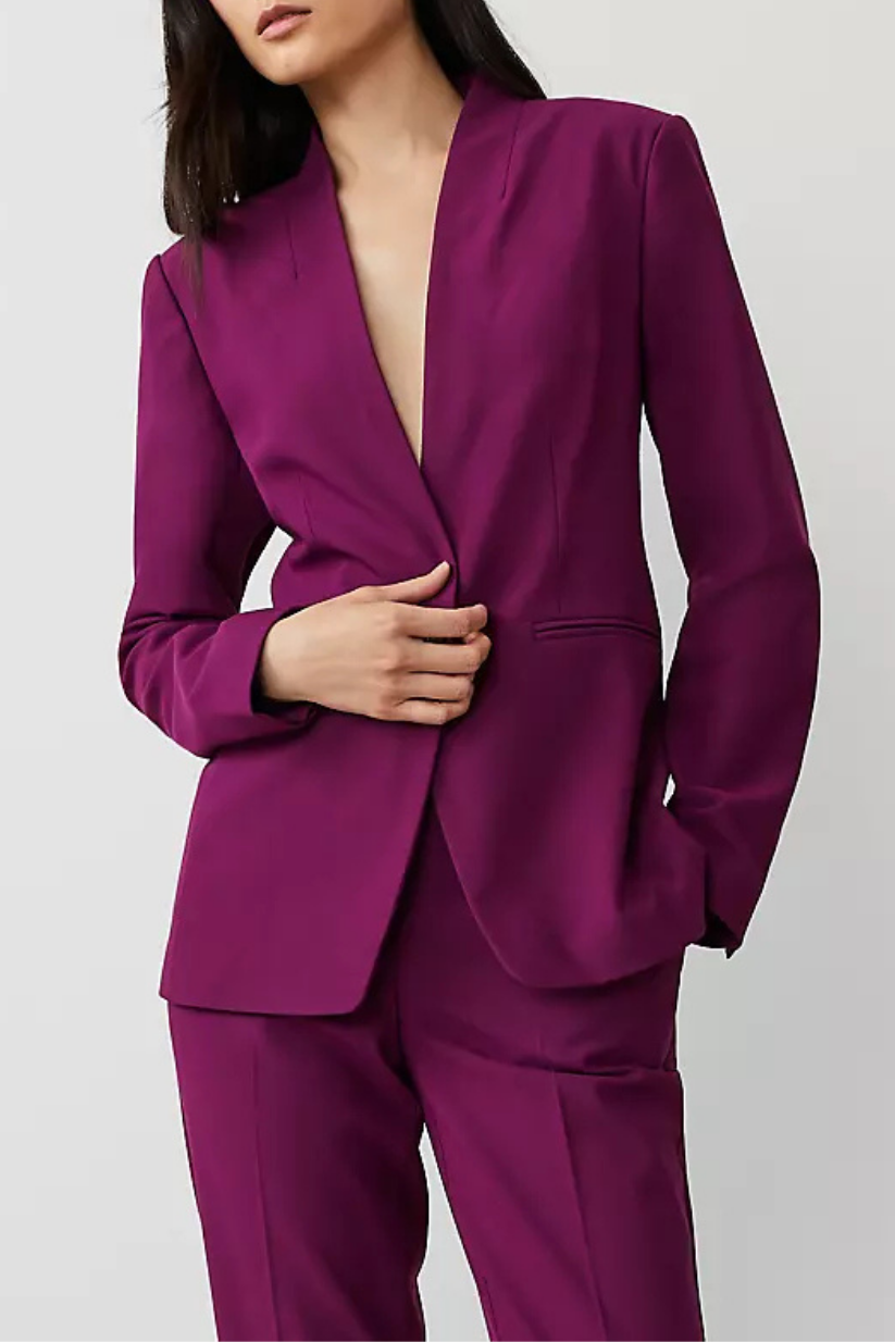 Burgundy Collarless Blazer for Women – Long Formal Office Wear
