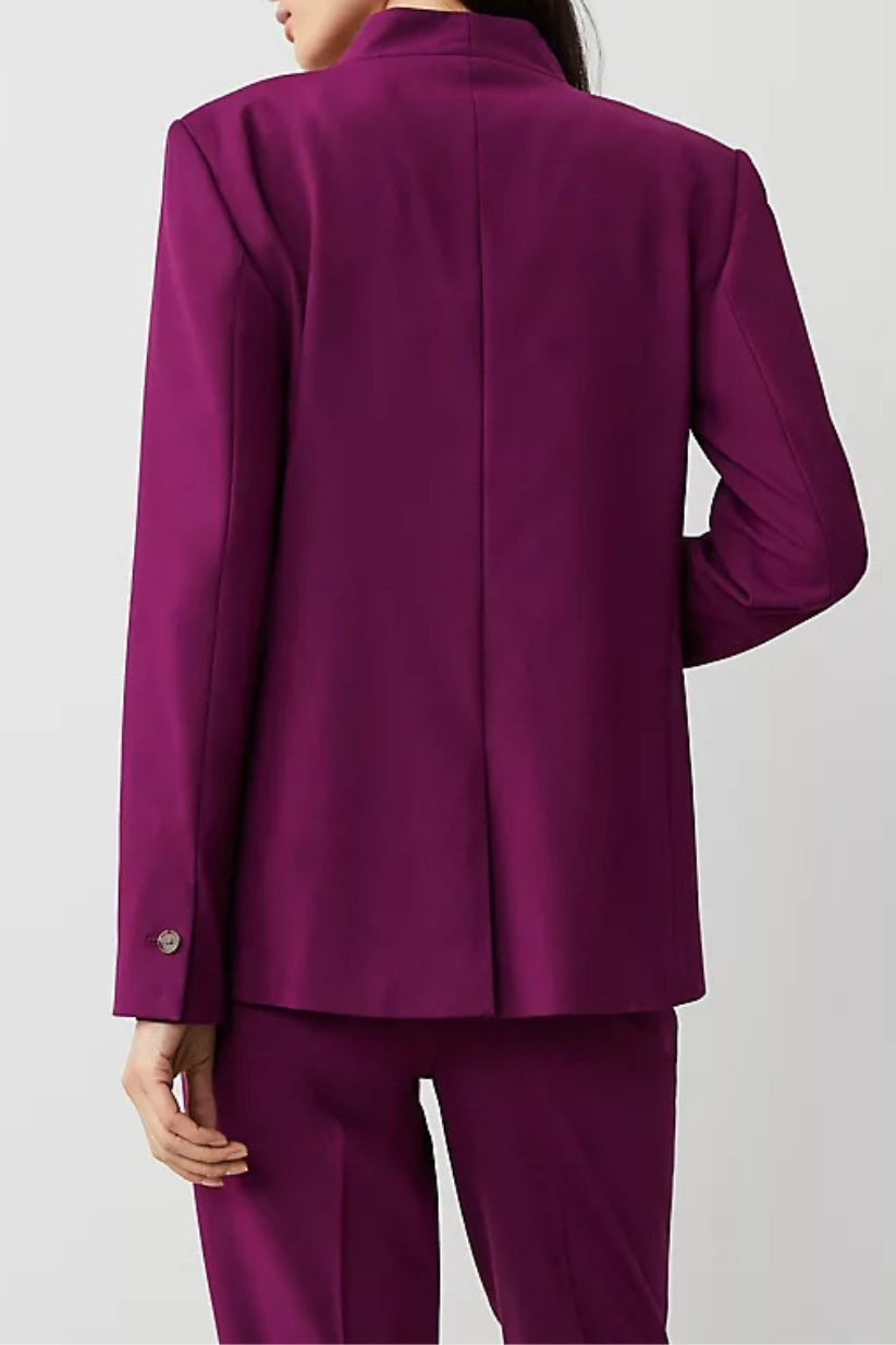 Burgundy Collarless Blazer for Women – Long Formal Office Wear
