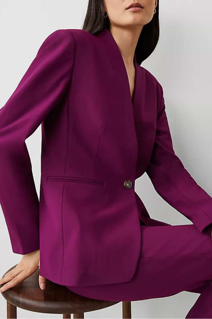 Burgundy Collarless Blazer for Women – Long Formal Office Wear