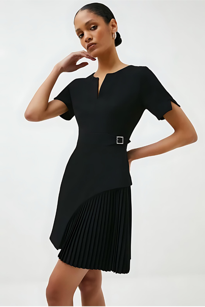 Black Pleated Dress for Women – Side Pleat Elegant Workwear