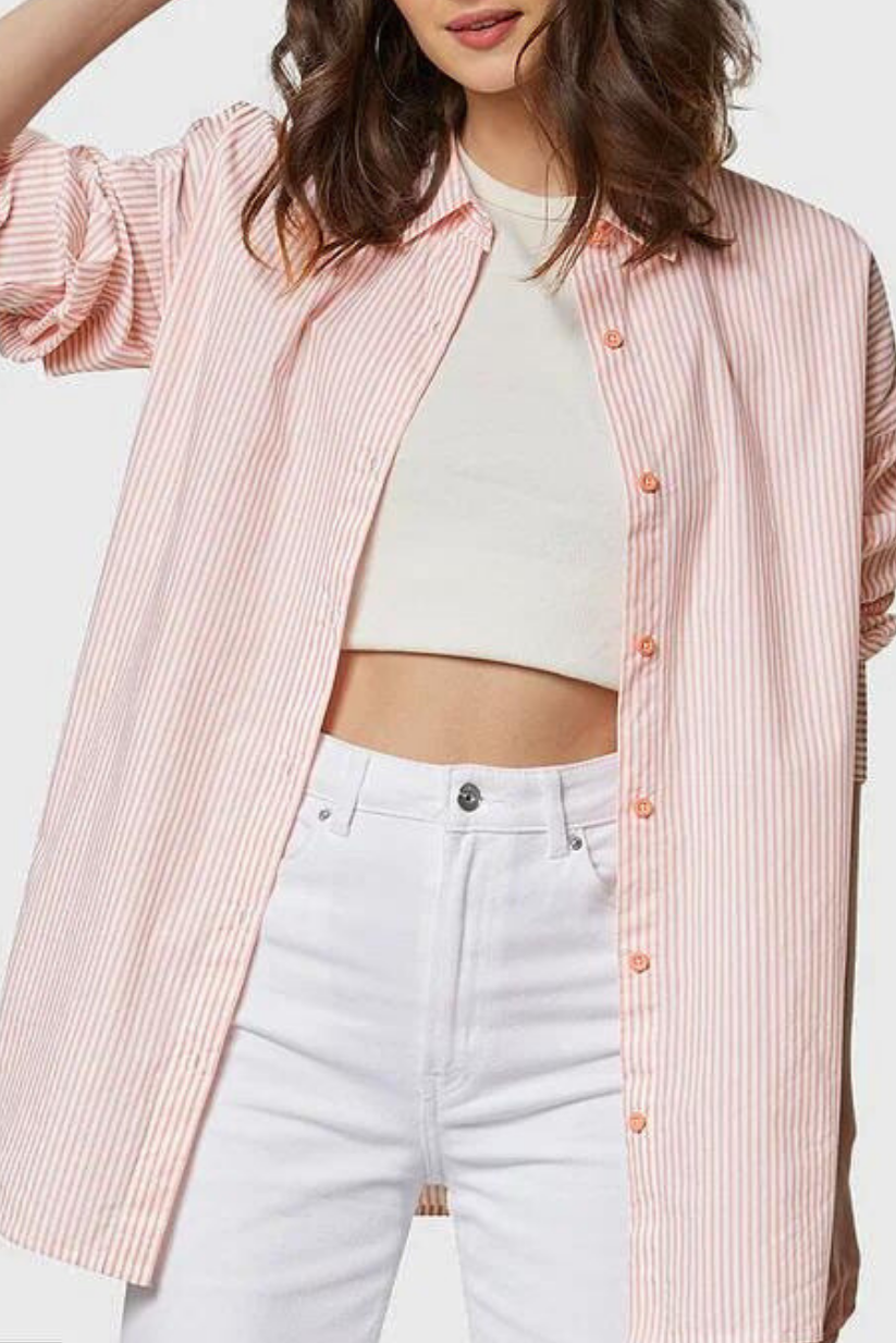 Peach Striped Boyfriend Shirt for Women – Relaxed Formal Office Wear