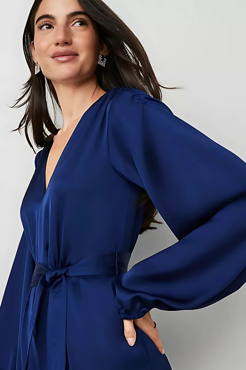 Blue V-Neck Long Sleeve Jumpsuit