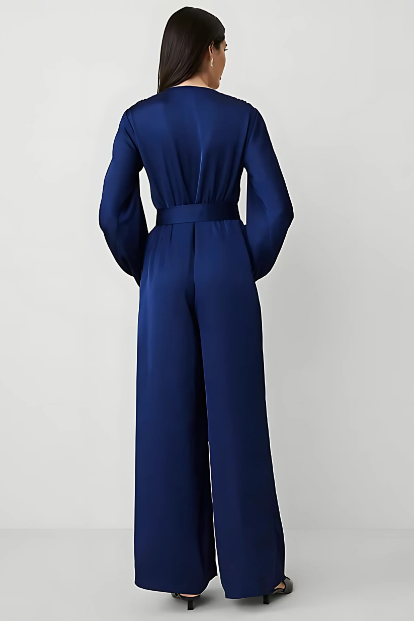 Blue V-Neck Long Sleeve Jumpsuit