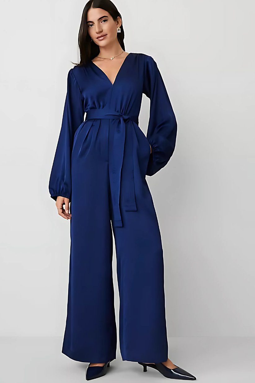 Blue V-Neck Long Sleeve Jumpsuit
