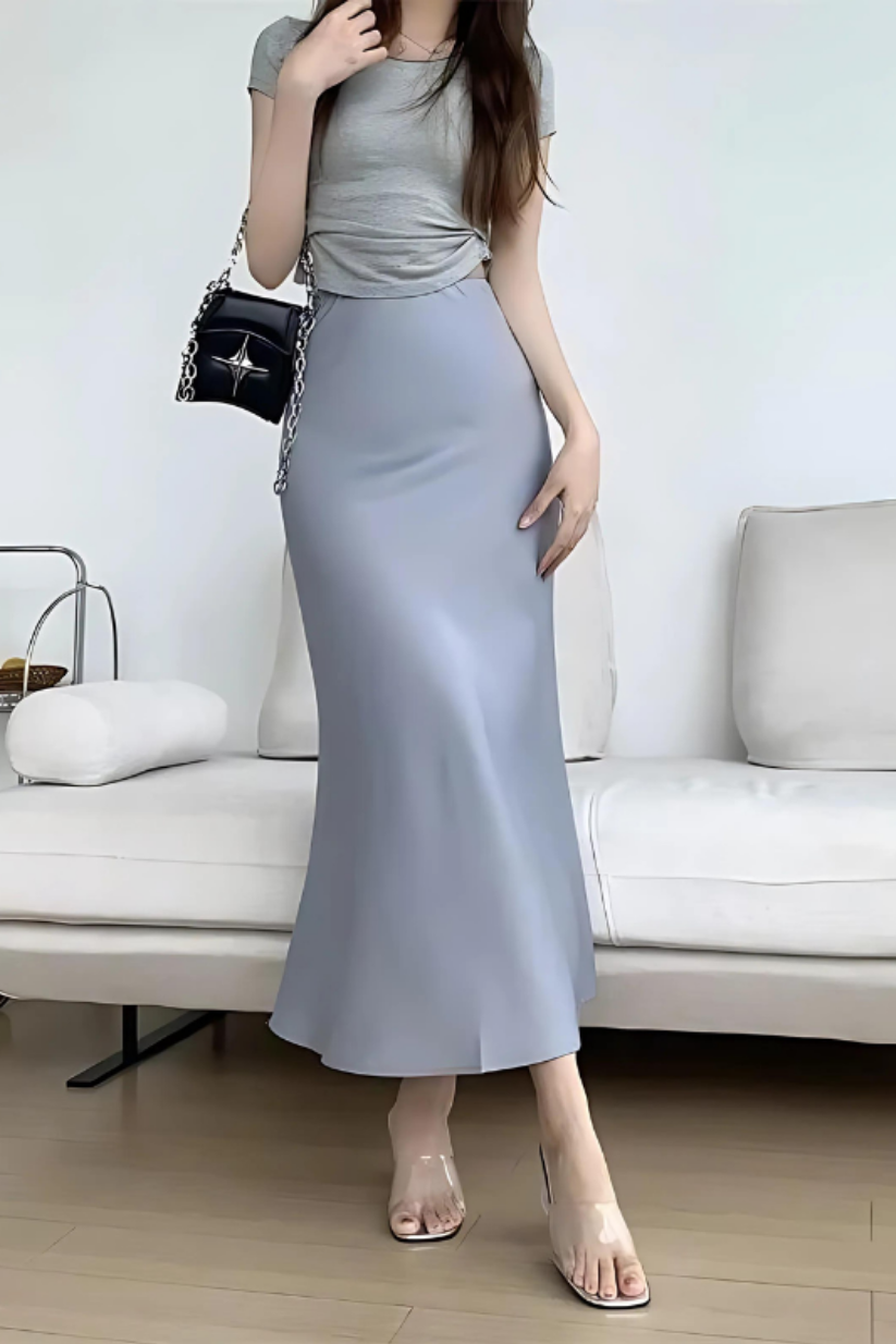 Grey Fishtail Skirt for Women – Elegant Formal Midi Office Wear