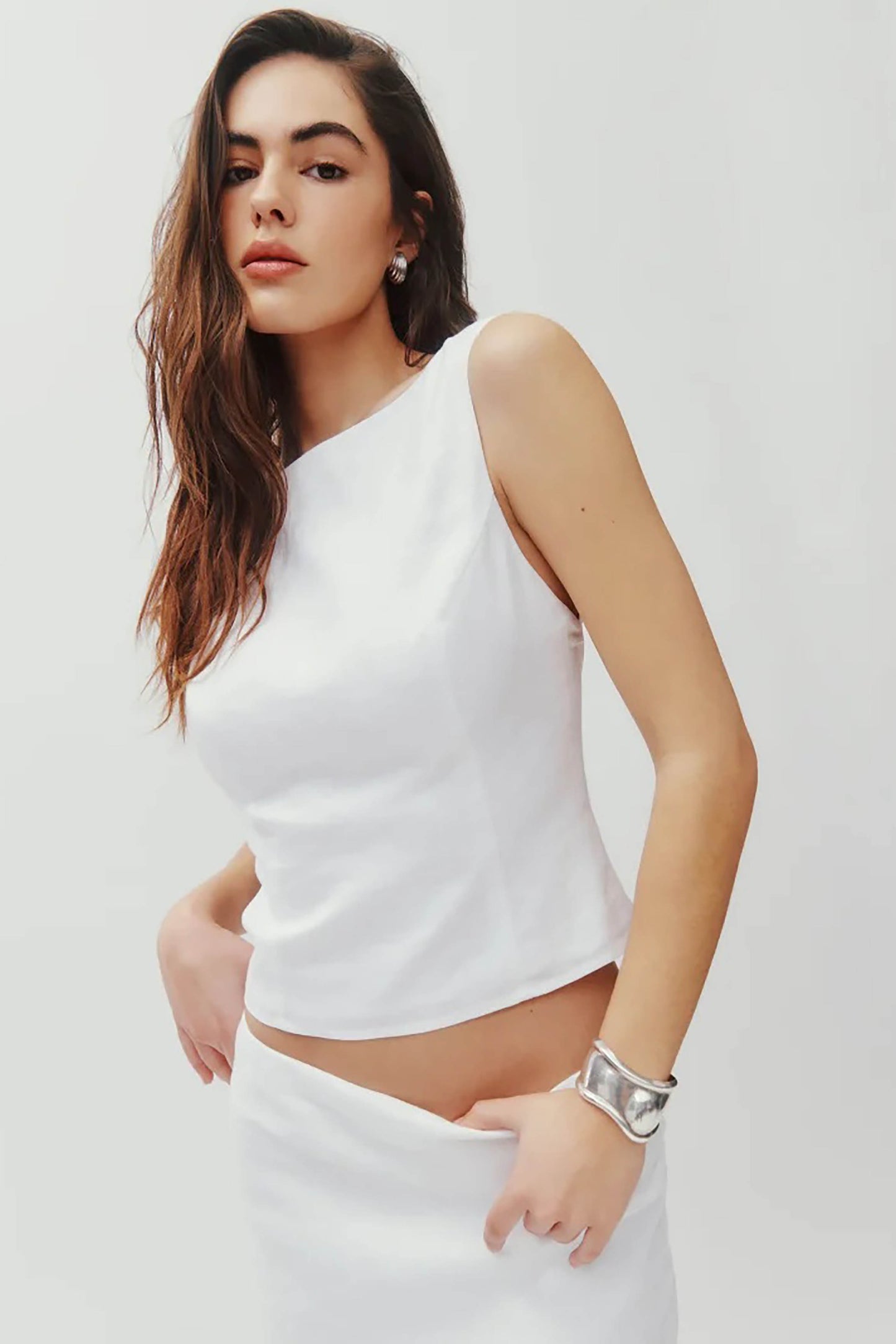 White Linen High Neck Top for Women – Sleeveless Formal Office Wear