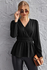 Black Surplice Neck Peplum Top