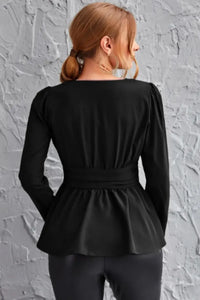 Black Surplice Neck Peplum Top