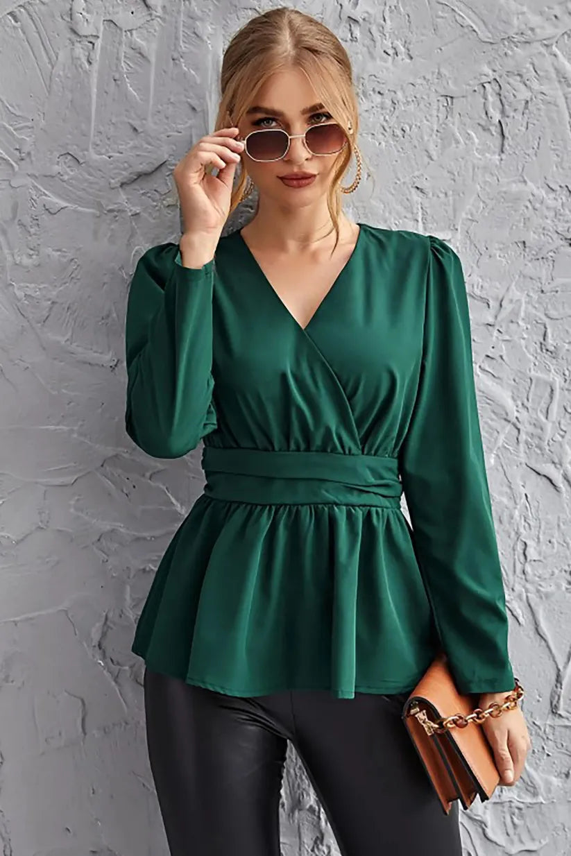 Green Surplice Neck Peplum Top