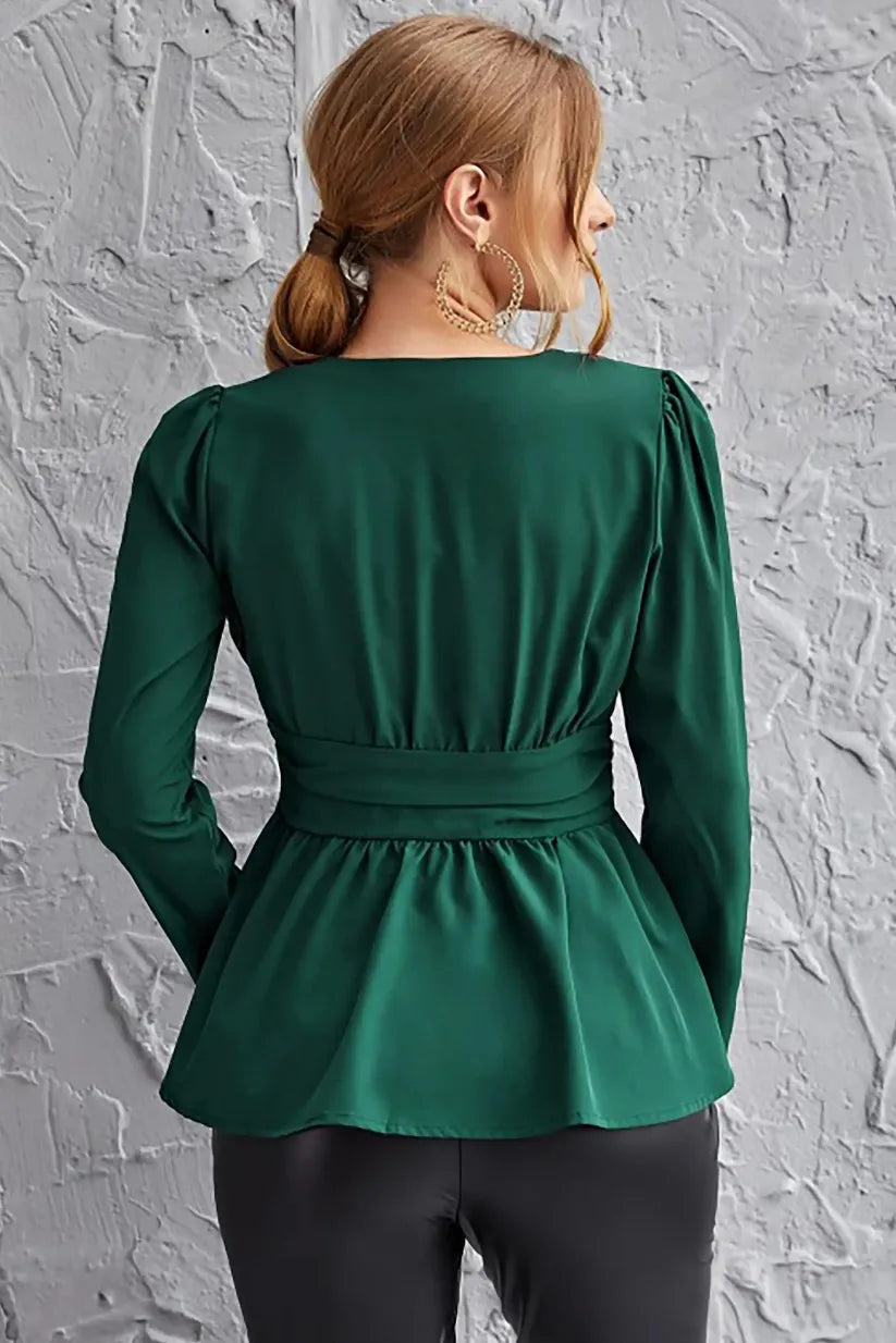 Green Surplice Neck Peplum Top