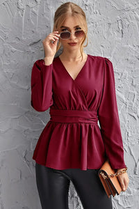 Burgundy Surplice Neck Peplum Top