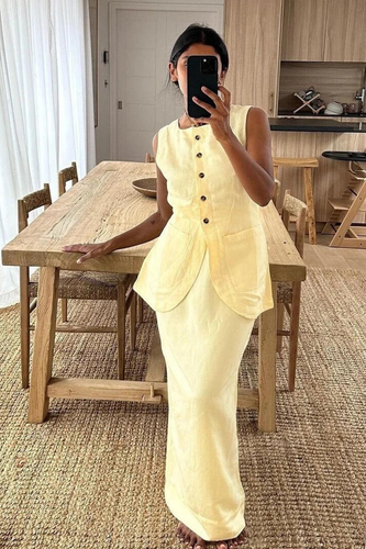 Yellow Linen Long Waistcoat & Skirt Co-ord Set